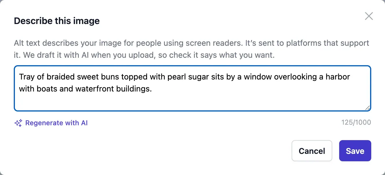 Fluxi’s alt text dialog, with an AI-written description of a photo and a Regenerate with AI button