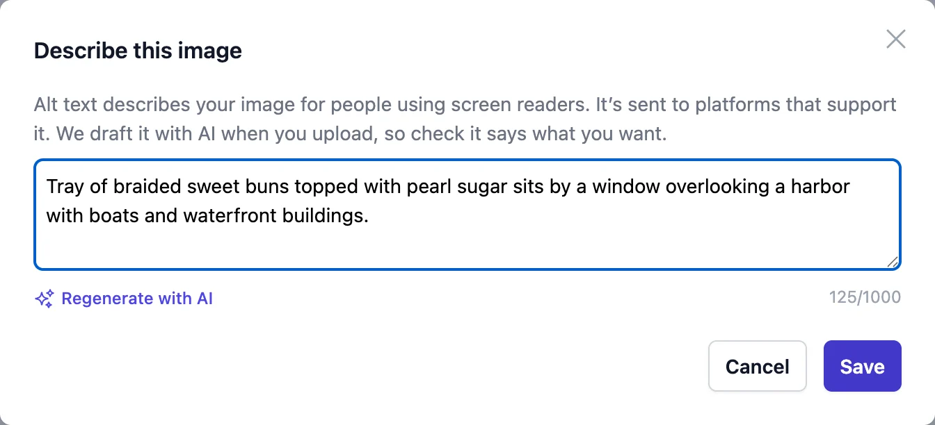 The alt text dialog, with an AI-drafted description of a photo and a Regenerate with AI button