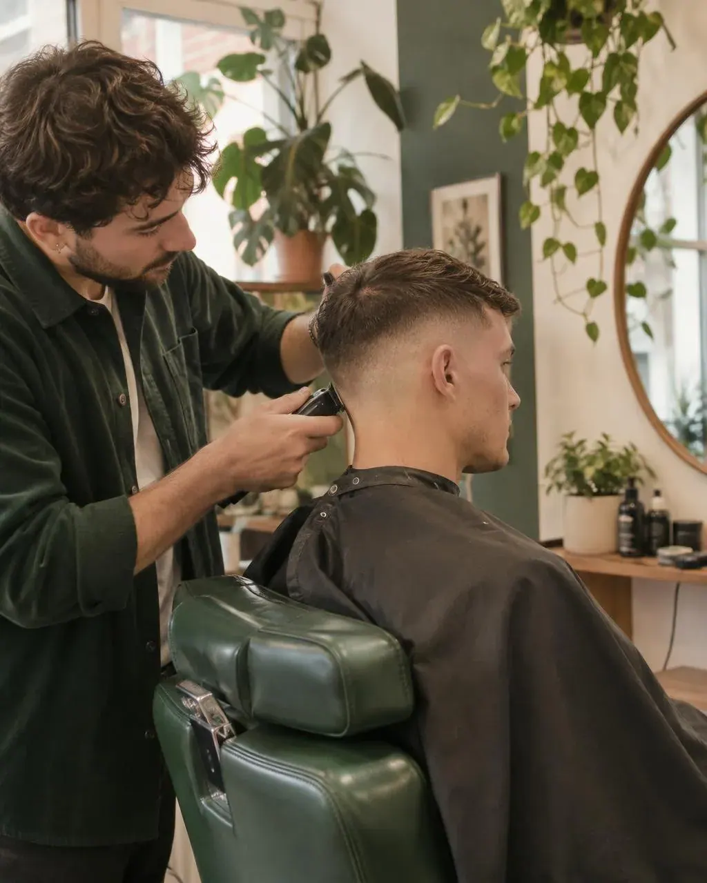 A barber trims a man’s hair with clippers in a plant-filled barbershop, showing a close fade haircut in progress.