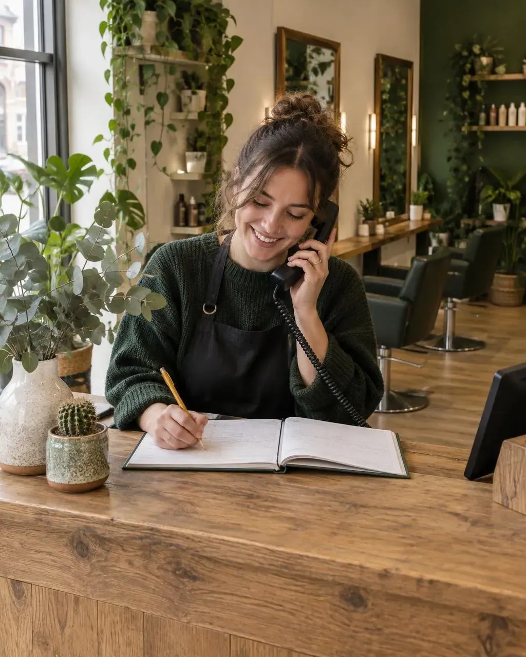 A smiling salon worker in a black apron writes in an open appointment book while holding a phone to her ear, with plants and styling stations in the background.