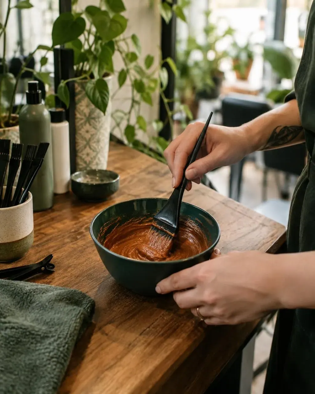 A person stirs a brown hair dye mixture in a bowl with a brush at a salon station, with hair tools, towels, and potted plants on the counter.