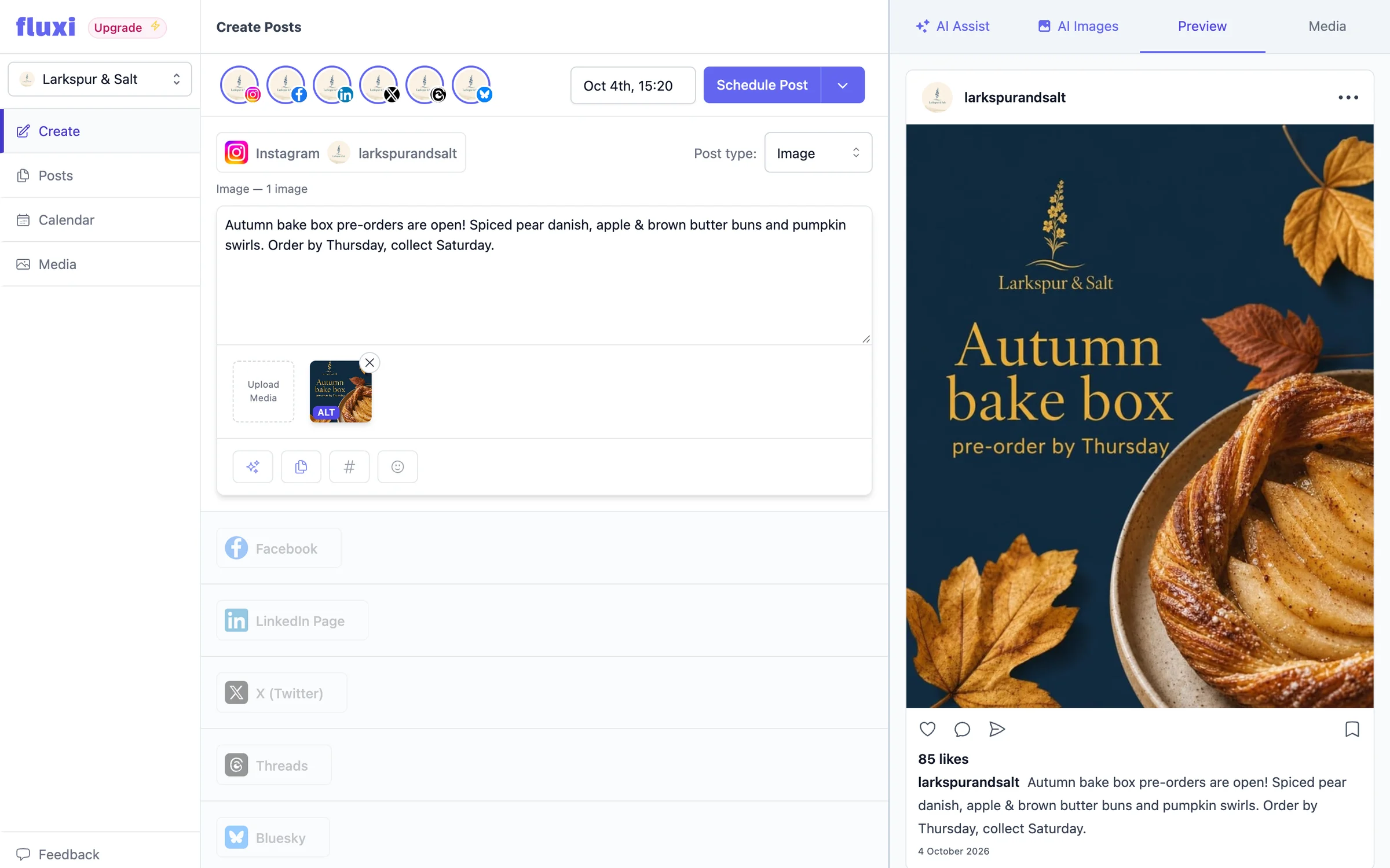 An Instagram preview in Fluxi of a navy and gold autumn promotion graphic made with AI Images