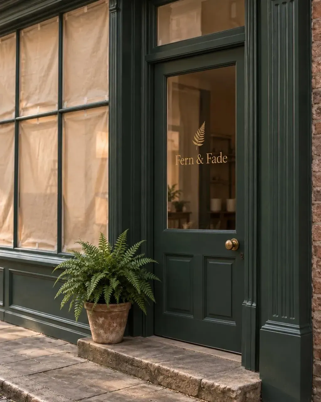 Dark green storefront with a glass door and window, a potted fern by the entrance, and the name “Fern & Fade” printed on the door.
