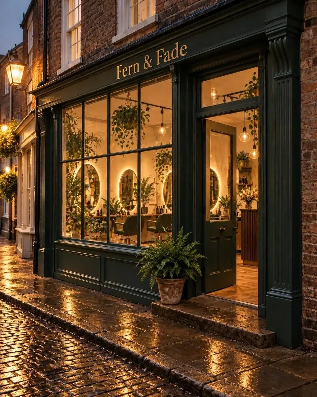 Storefront with the sign “Fern & Fade,” green trim, large windows, and warm lights glowing inside among many plants. It sits on a wet cobblestone street at dusk.