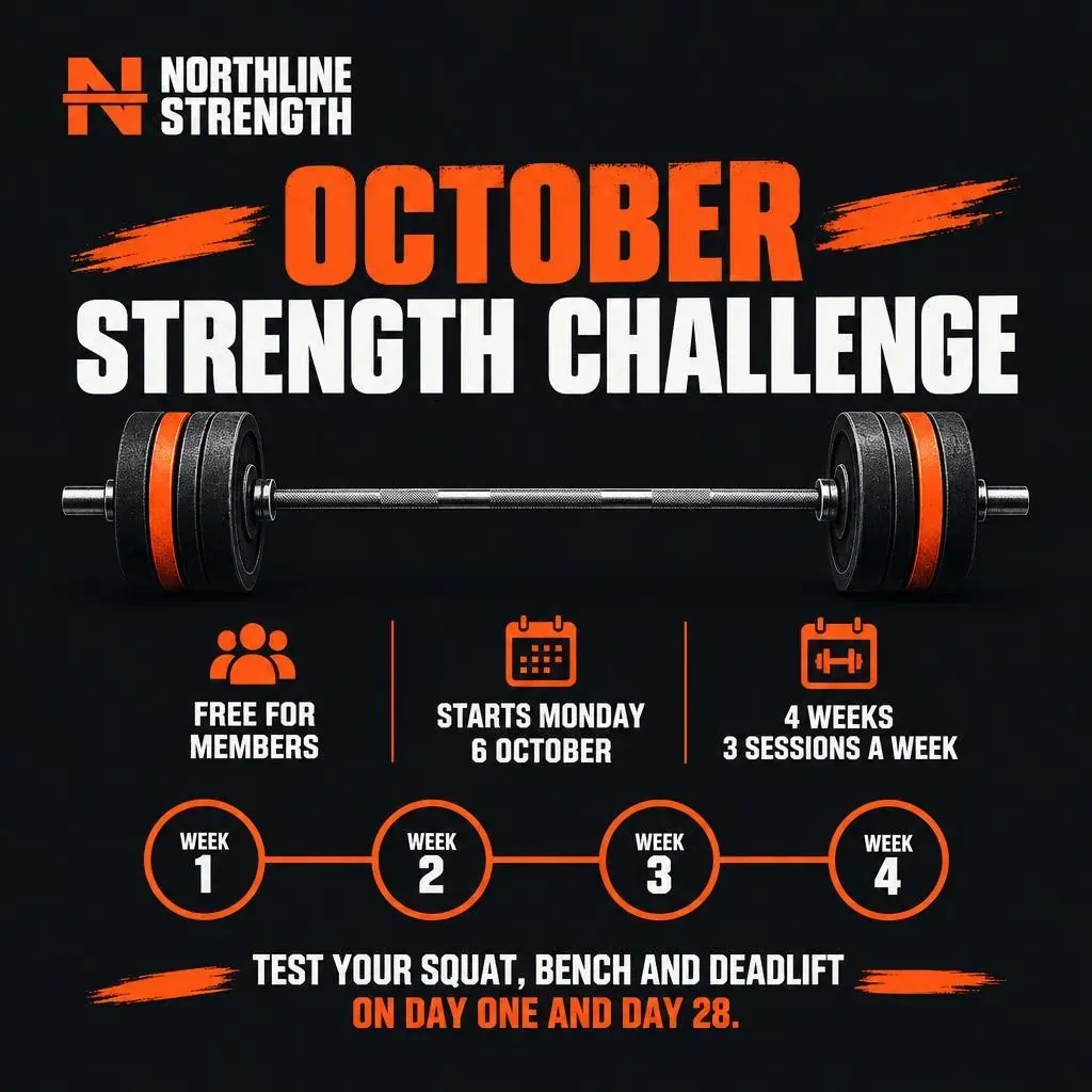 An October Strength Challenge graphic: free for members, starts Monday 6 October, four weeks of three sessions, with a week 1 to week 4 tracker