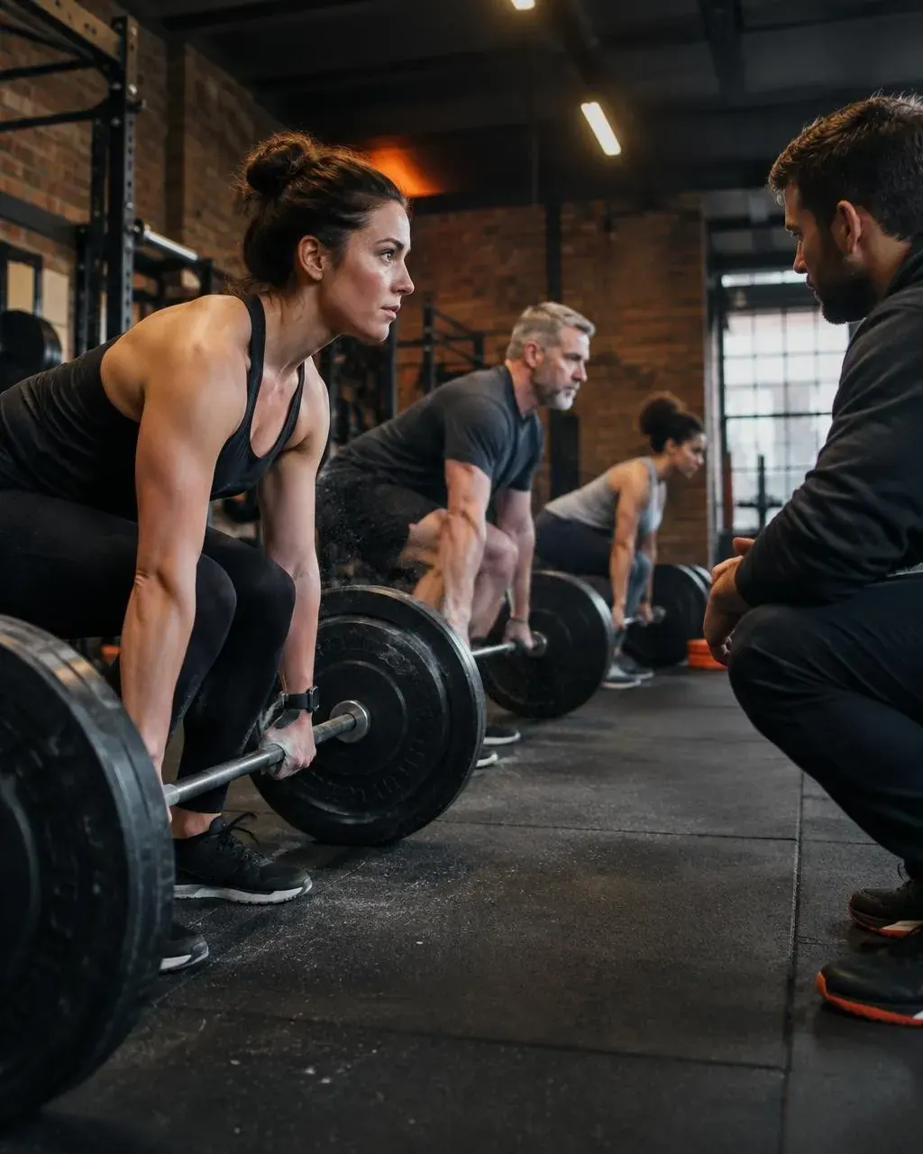 Three adults deadlifting in a brick-walled gym while a coach crouches to watch their form