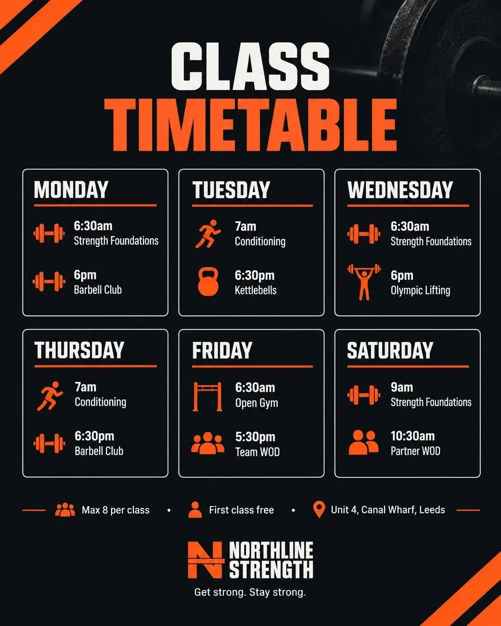 A weekly class timetable from Monday to Saturday with times, class names and an icon for each class type