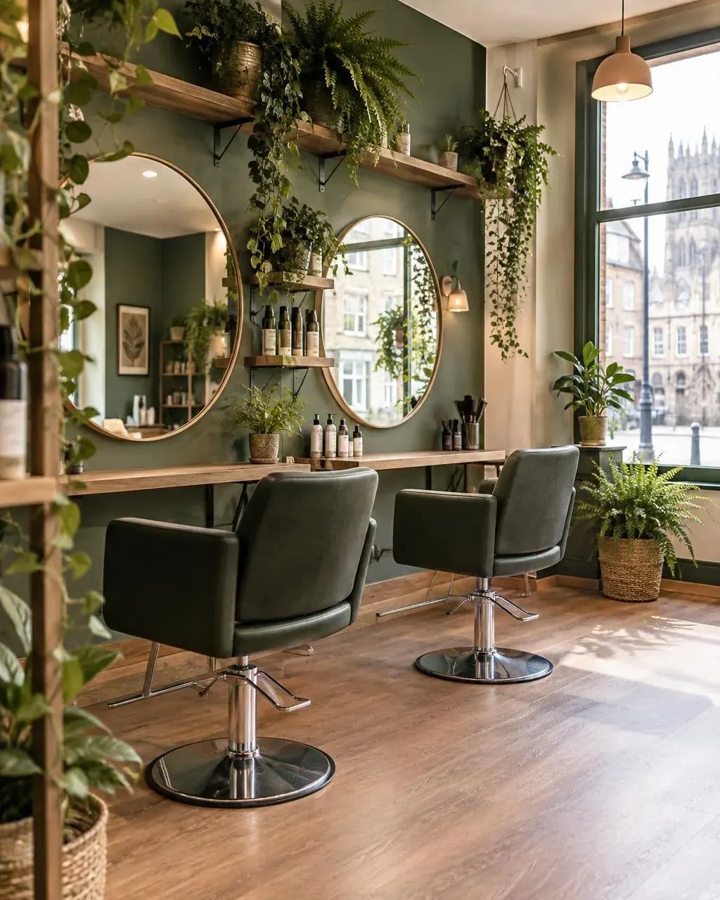 A stylish salon interior with two green styling chairs, round mirrors, wooden counters, and lots of hanging plants. Large windows let in daylight and show a city street outside.
