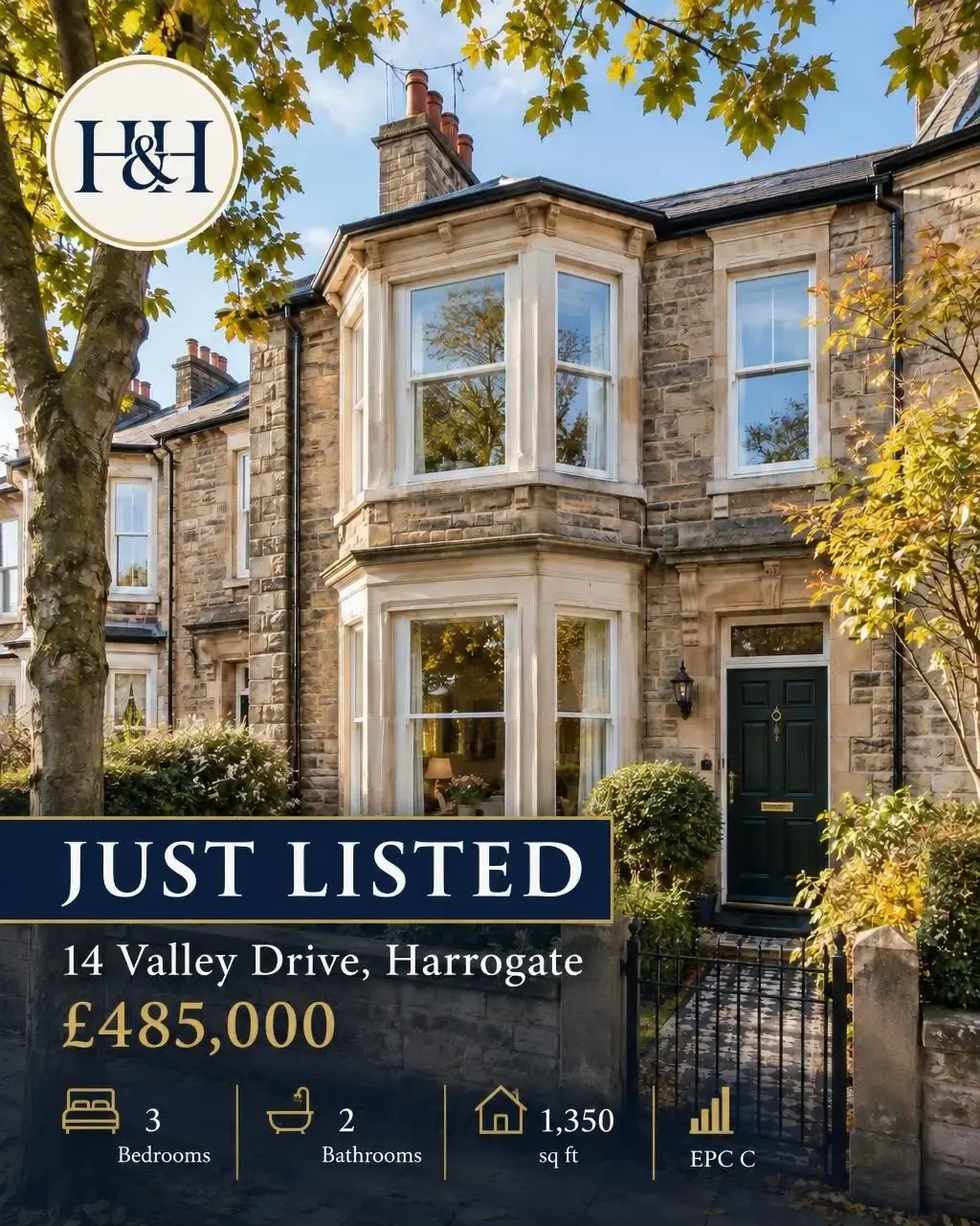 A Just listed card with a navy panel along the bottom carrying the address, £485,000 and icons for 3 bedrooms, 2 bathrooms, 1,350 sq ft and EPC C