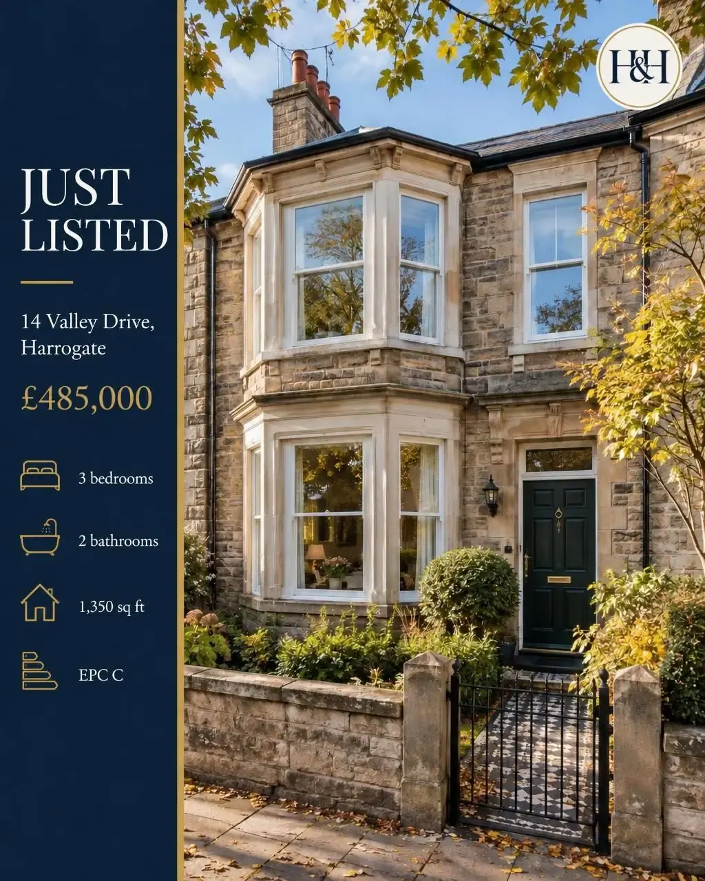 A Just listed card with a tall navy column on the left listing the price, bedrooms, bathrooms, floor area and EPC rating beside the house
