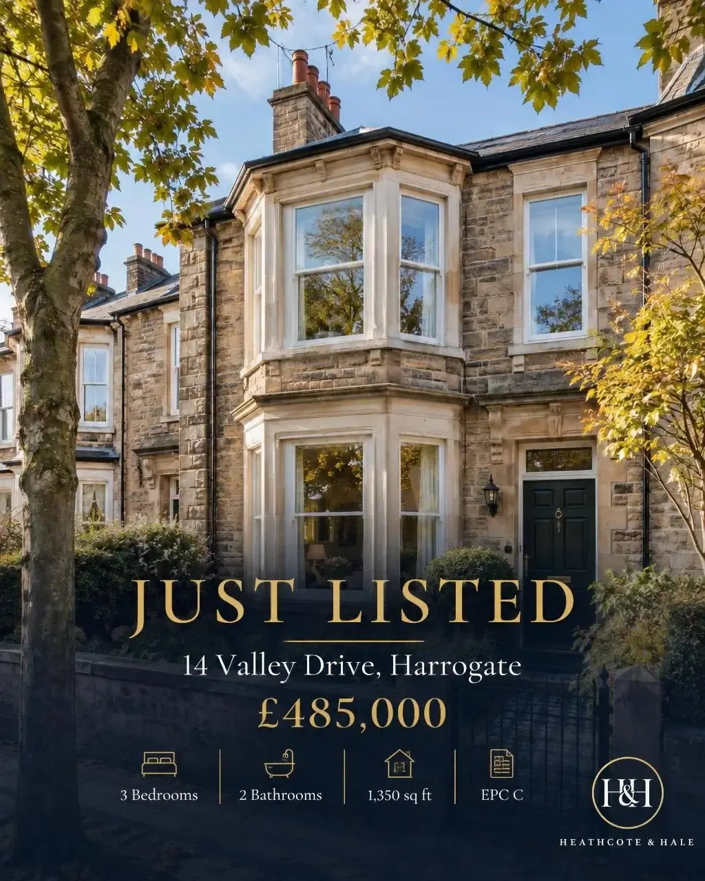 A Just listed card with centred gold lettering over a dark gradient at the foot of the photo, and labelled icons for the rooms and EPC rating