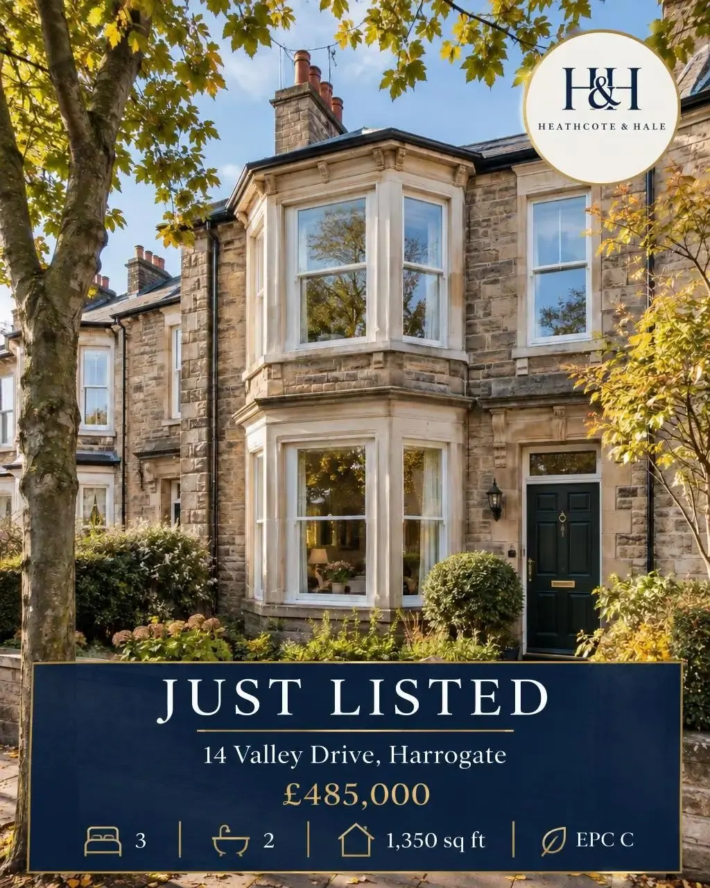 The same photo as a Just listed card: 14 Valley Drive, Harrogate, £485,000, with icons for 3 bedrooms, 2 bathrooms, 1,350 sq ft and EPC C