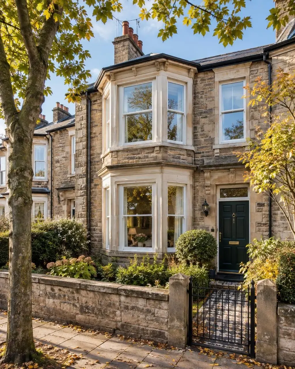 A Victorian stone terrace with a bay window and a green front door on a sunny autumn street
