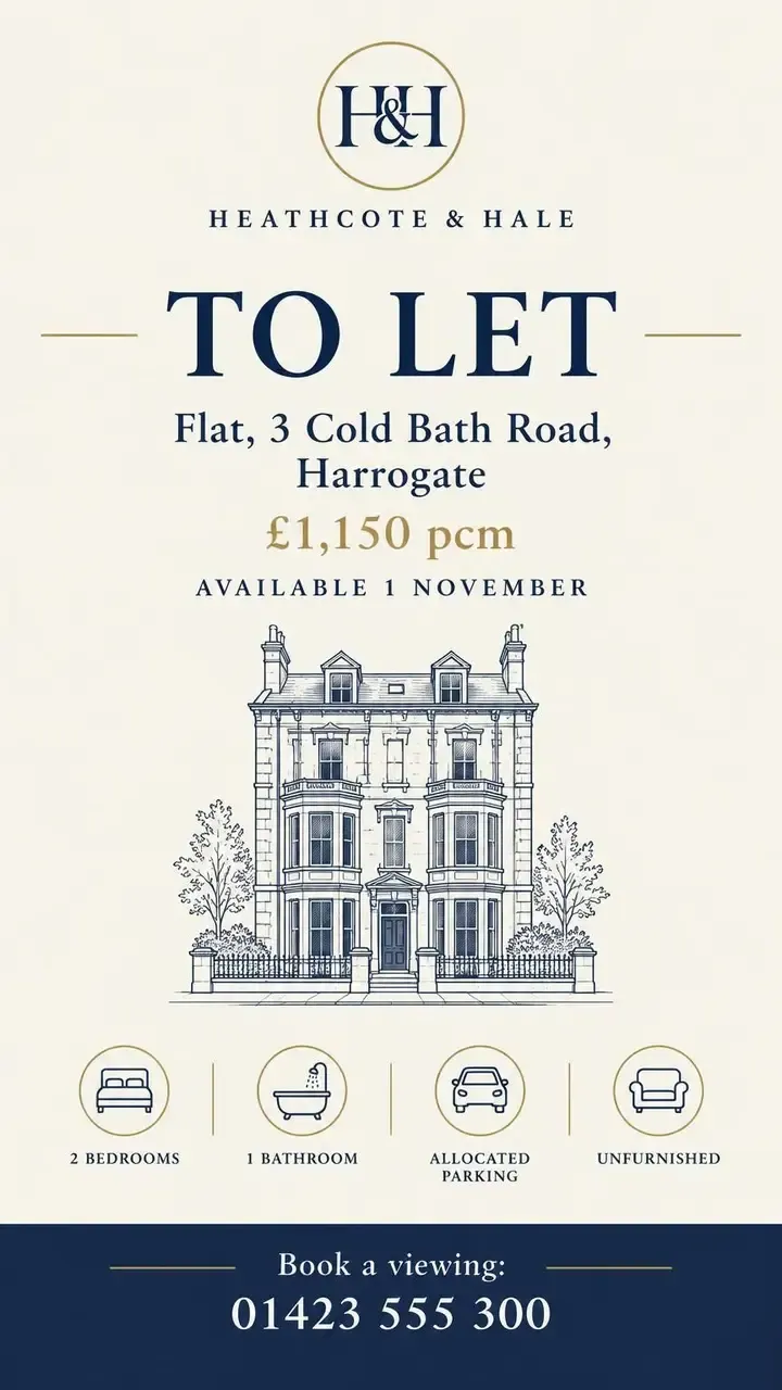 A To let Story for a two-bedroom flat on Cold Bath Road at £1,150 pcm, with a line drawing of the townhouse and icons for bedrooms, bathroom, parking and furnishing