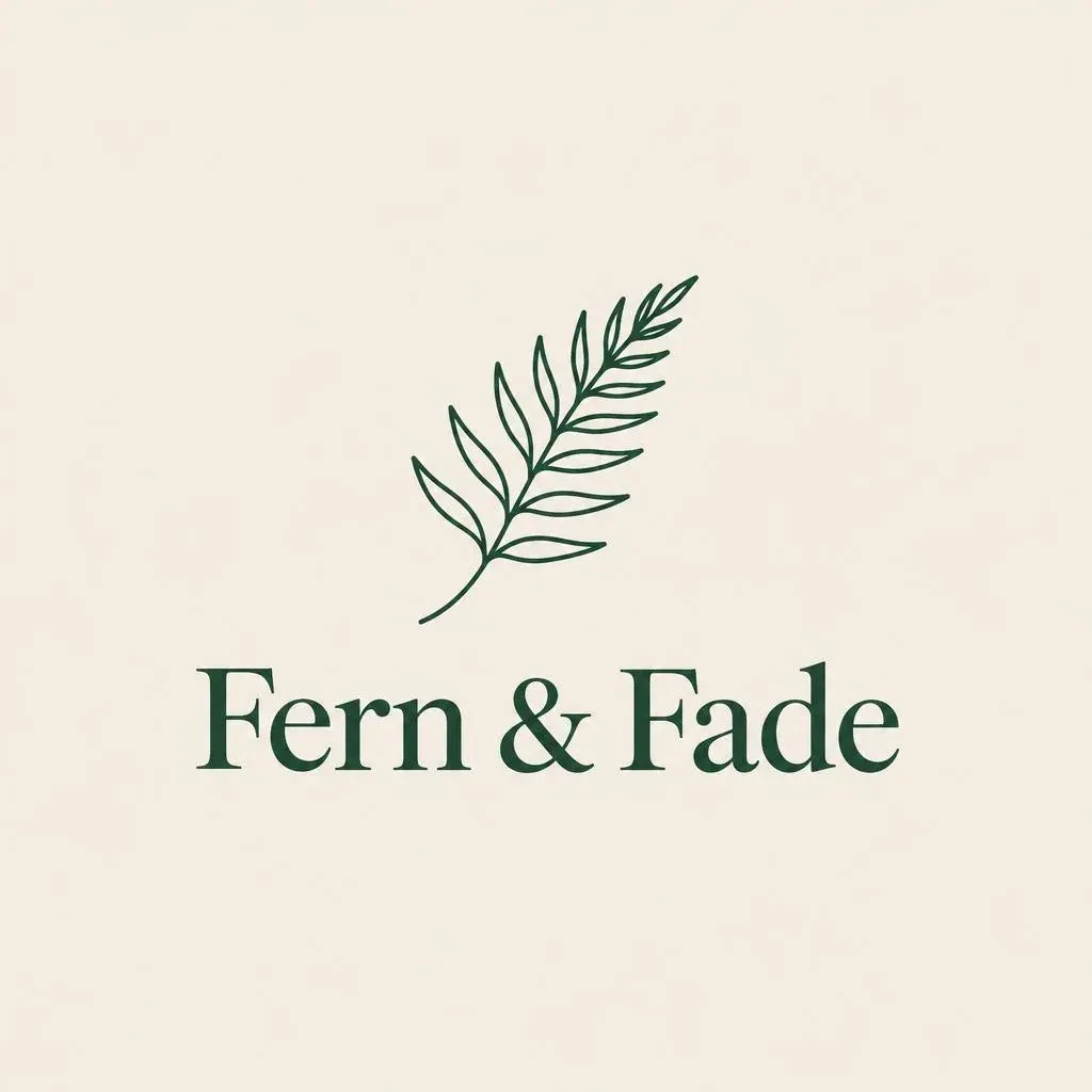 Minimalist logo with a green fern frond above the words “Fern & Fade” on a warm beige background.