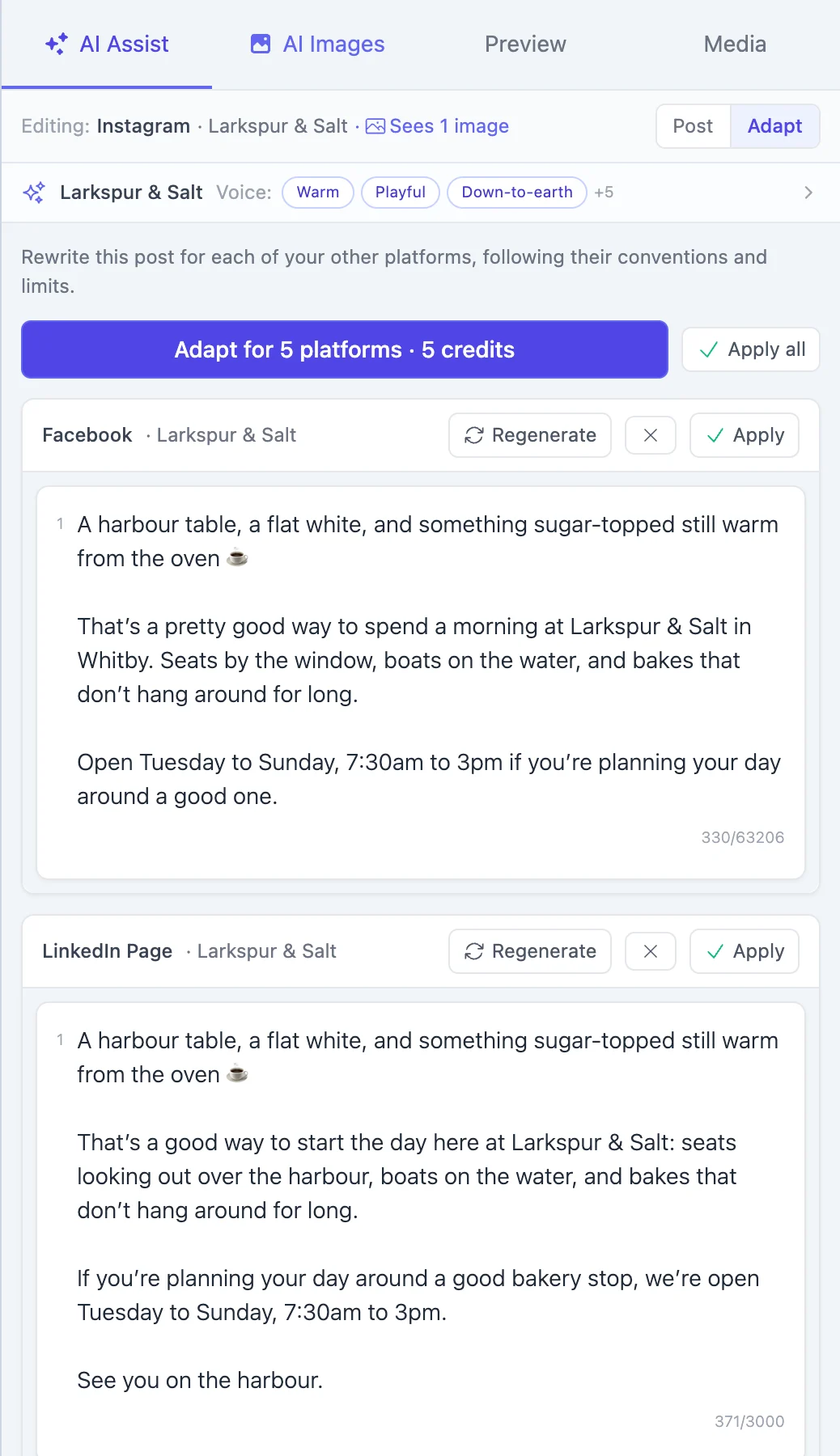 AI Assist adapting one Instagram post into Facebook and LinkedIn versions