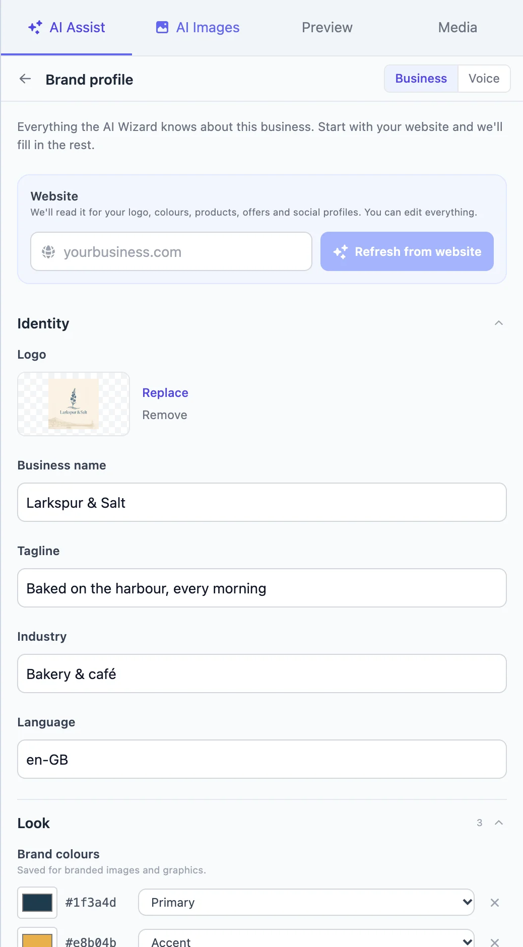 The Business tab: website autofill, the logo, business name, tagline, industry, language and brand colours