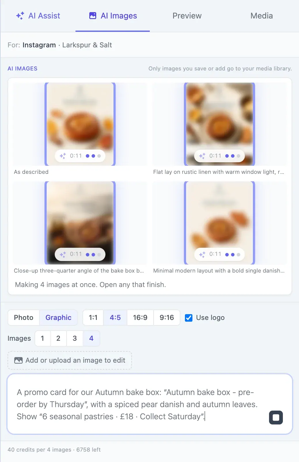 Media Agent drawing four takes of a bakery promo card at once, each preview sharpening, with the prompt and controls below
