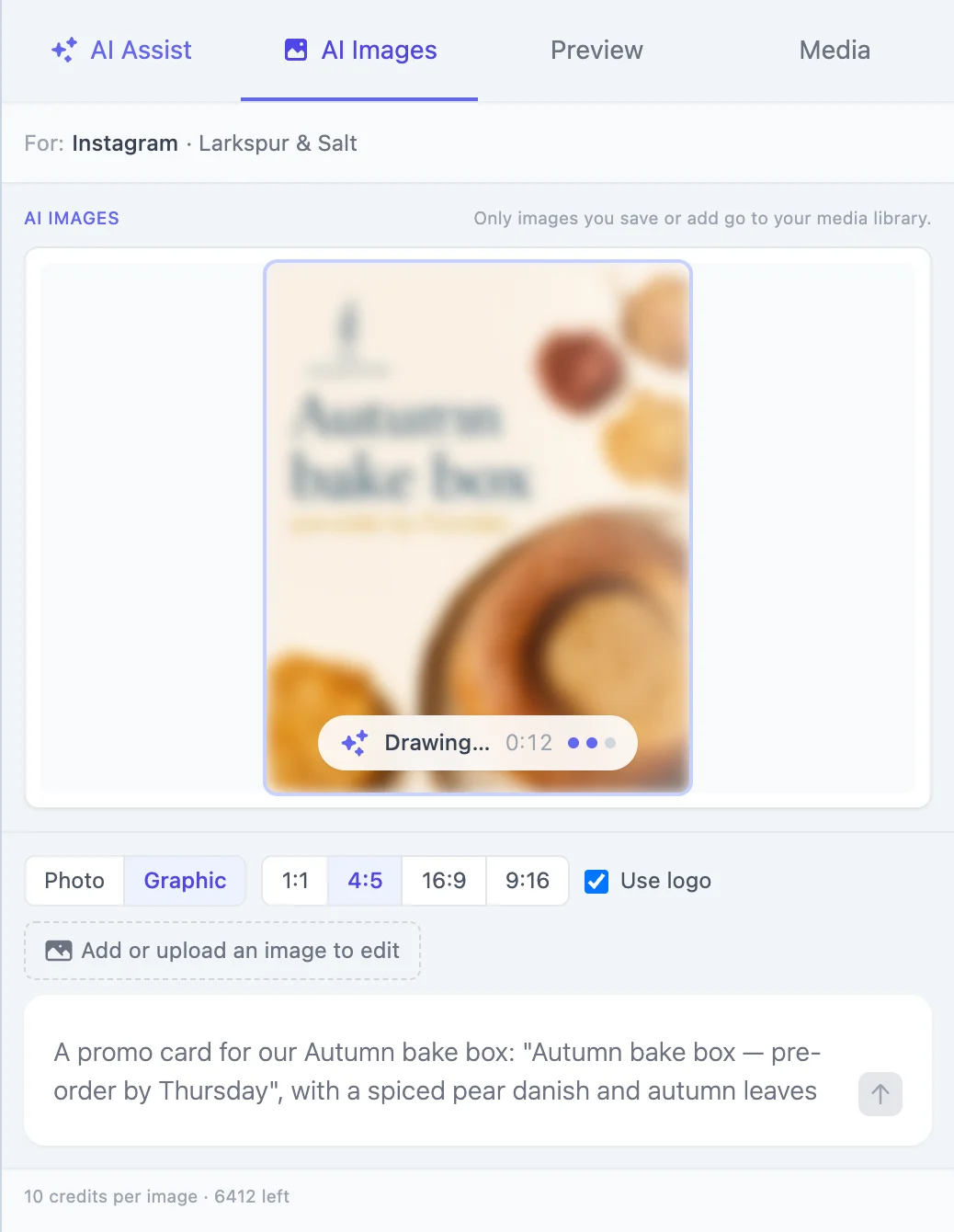 AI Images drawing a graphic, with a live preview sharpening as it streams in, and the Photo/Graphic, aspect ratio and Use logo controls below