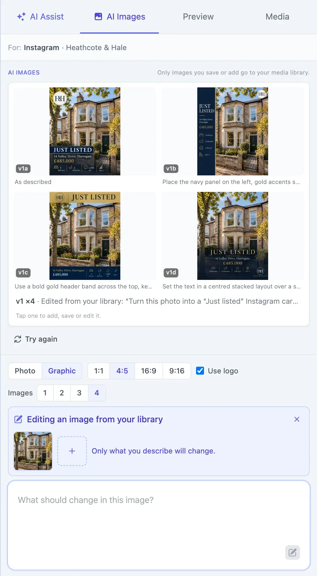 The Media Agent panel showing four Just listed cards made at once from a listing photo in the media library, each with the direction it took