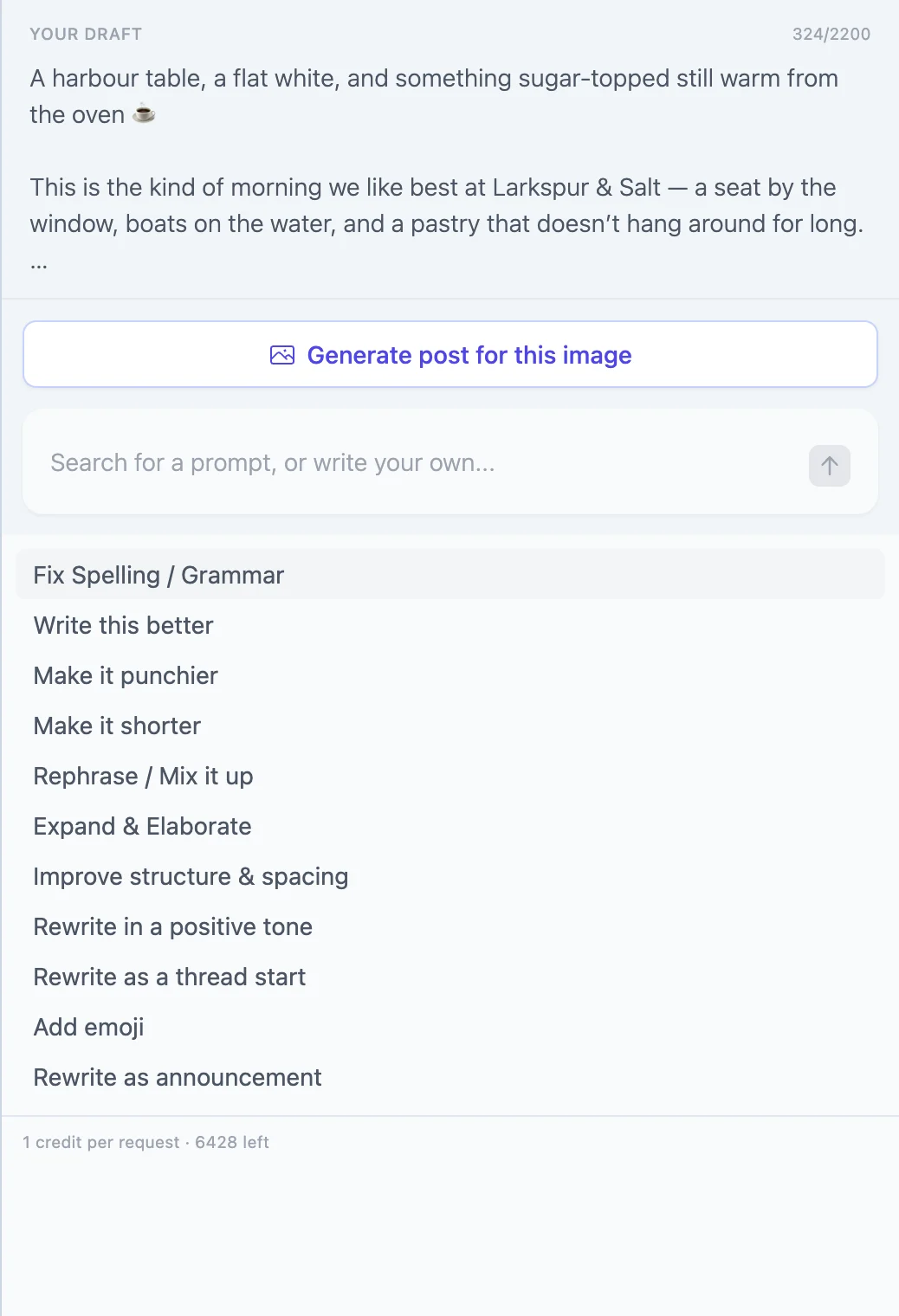 The list of one-click AI Assist edits under a draft post