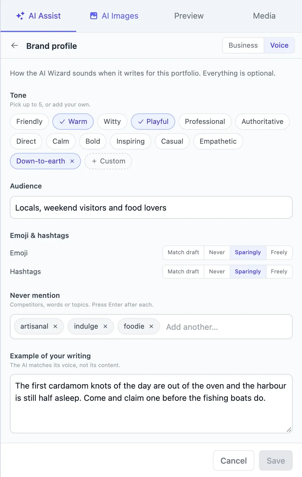 The Voice tab of Fluxi’s brand profile, with tones, audience, emoji and hashtag settings, banned words and a writing sample
