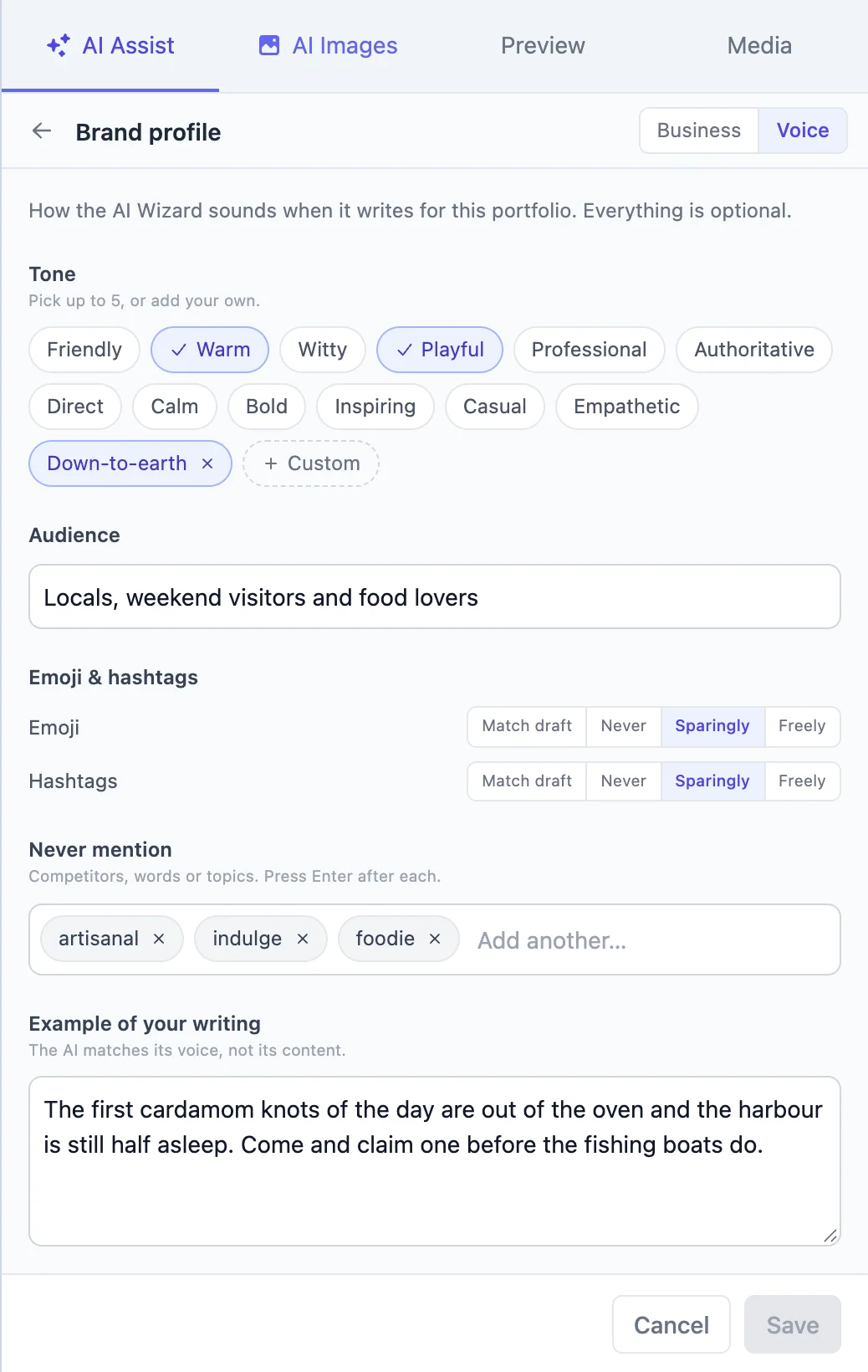 The Voice tab: tone chips Warm, Playful and Down-to-earth selected, an audience, emoji and hashtags set to Sparingly, banned words and a sample post