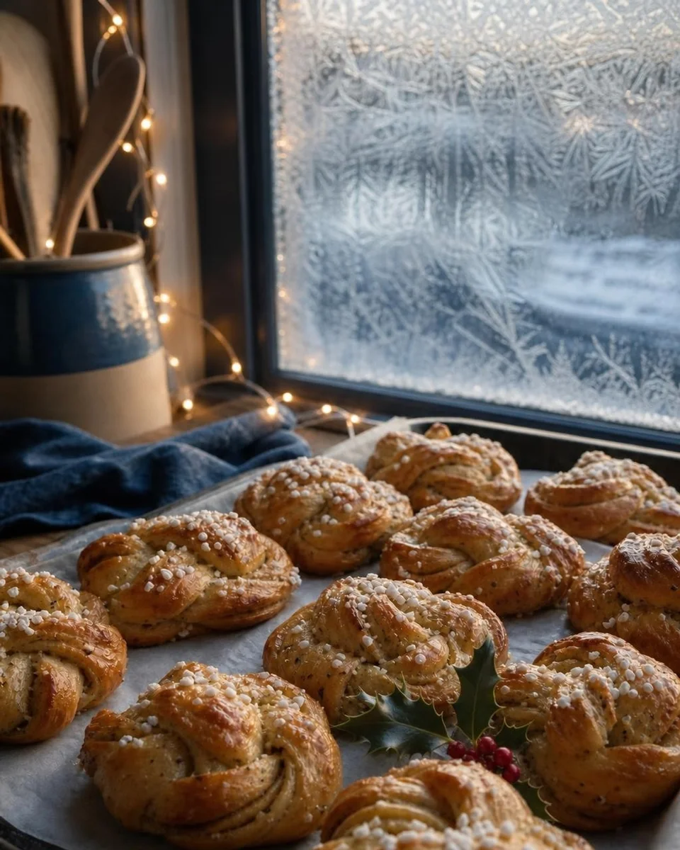 The same tray of buns with frost on the window, fairy lights and a sprig of holly