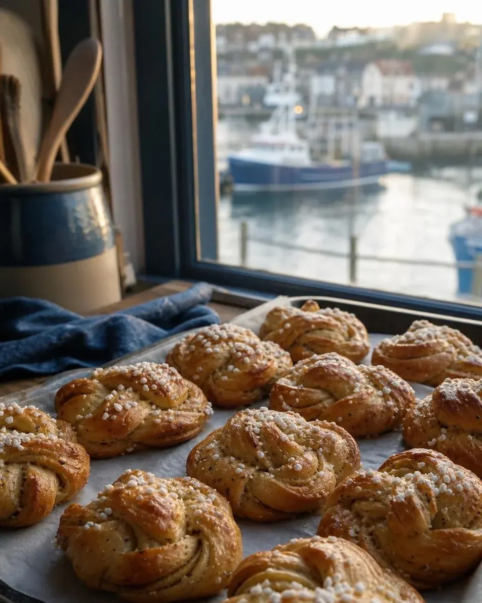 A tray of cardamom buns by a harbour window on a bright morning