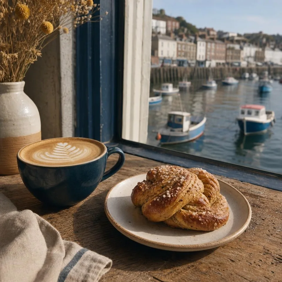 A flat white and a cardamom bun by a harbour window