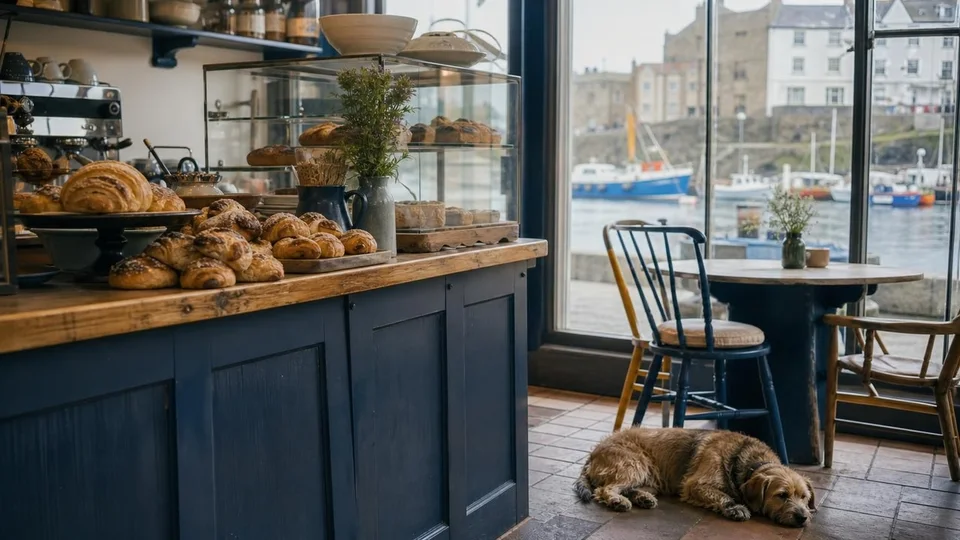 A harbour-side bakery with a terrier asleep by the counter