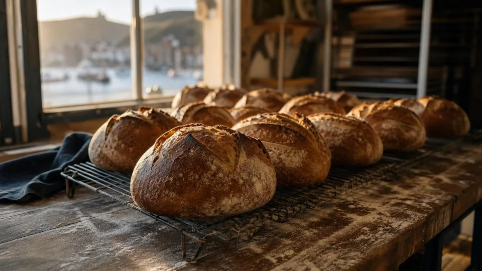 Sourdough loaves cooling on a rack at dawn