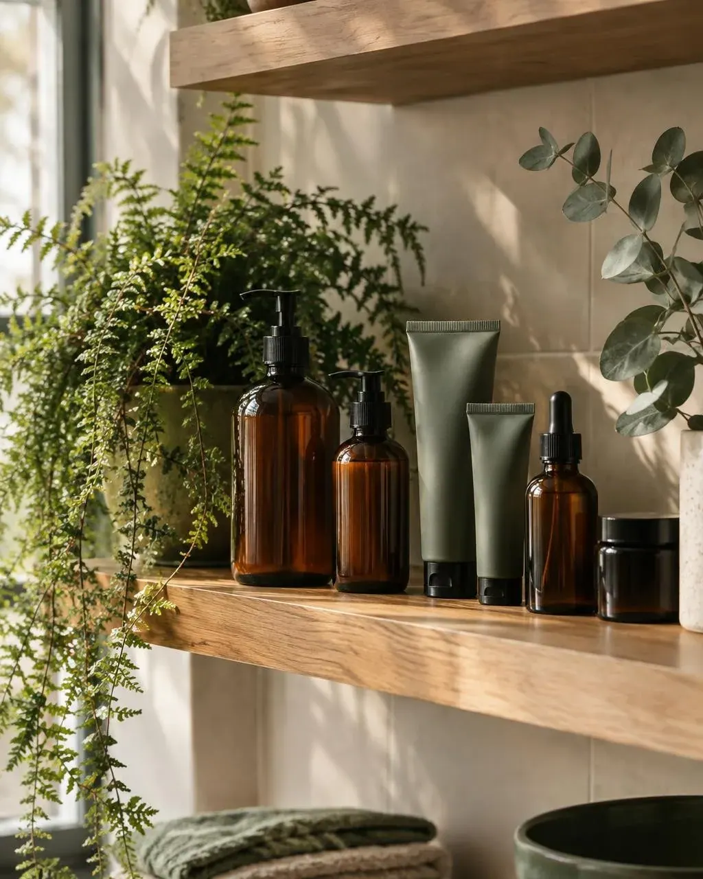 Amber and olive-green skincare bottles and tubes are arranged on a wooden bathroom shelf beside trailing green plants, with folded towels and a ceramic bowl below.