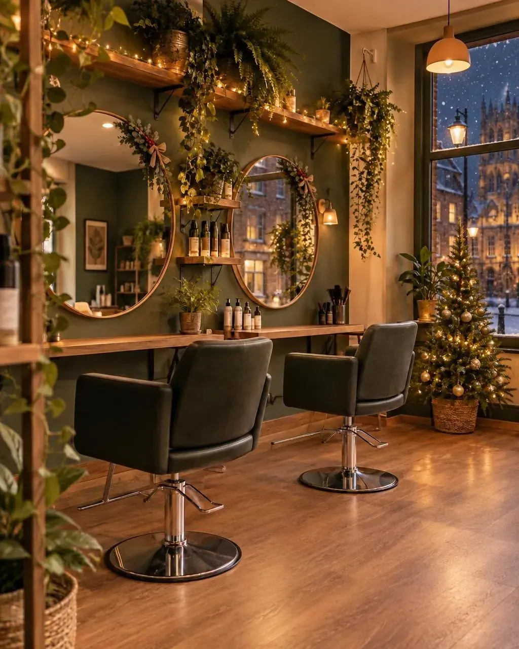 The same salon dressed for Christmas, with fairy lights along the shelves, a small decorated tree and snow outside the window
