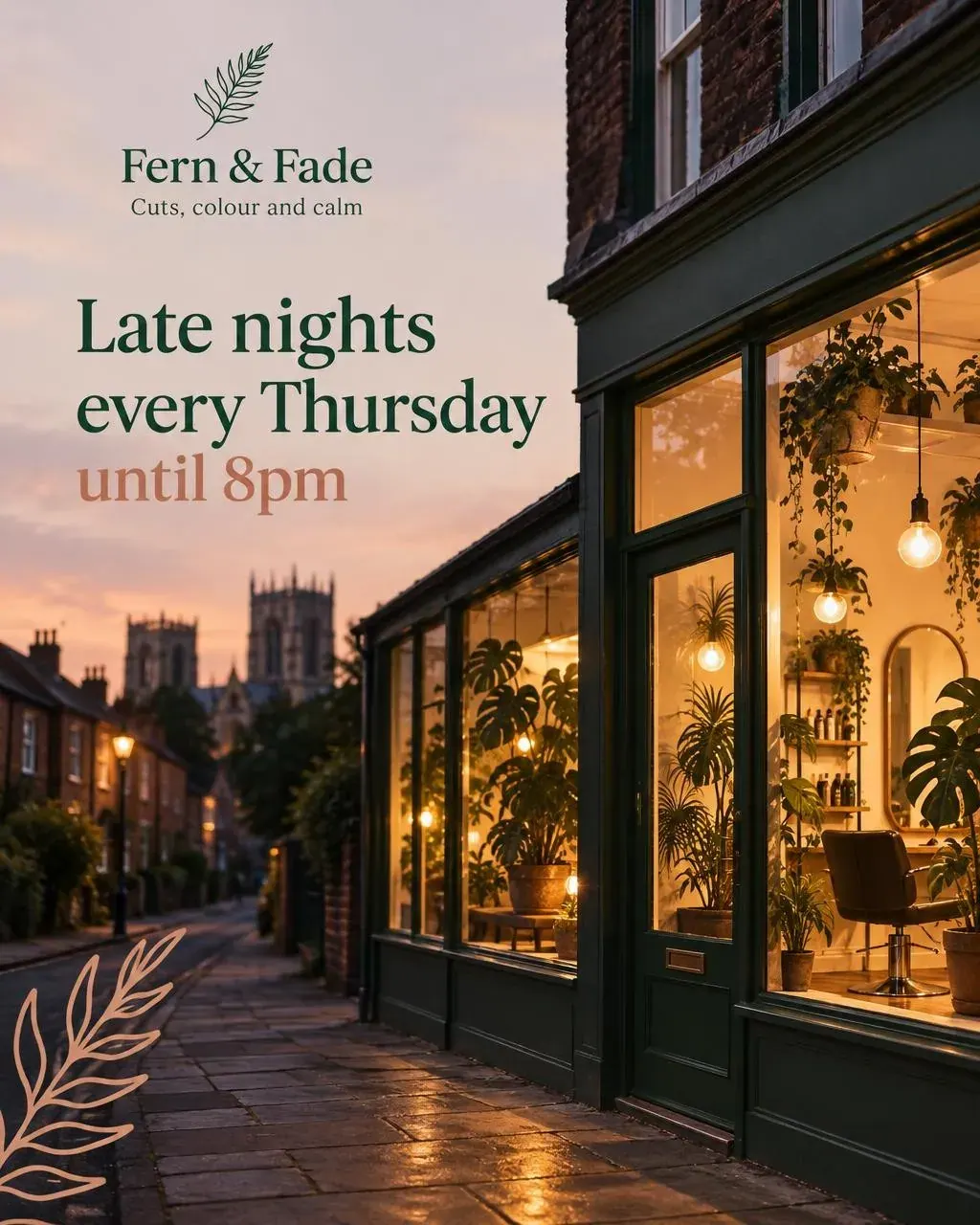 A Fern & Fade graphic reading “Late nights every Thursday until 8pm” over the same dusk street scene, with the salon logo