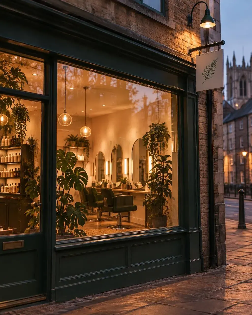 A salon window glowing warmly onto a cobbled York street at dusk, with the Minster behind