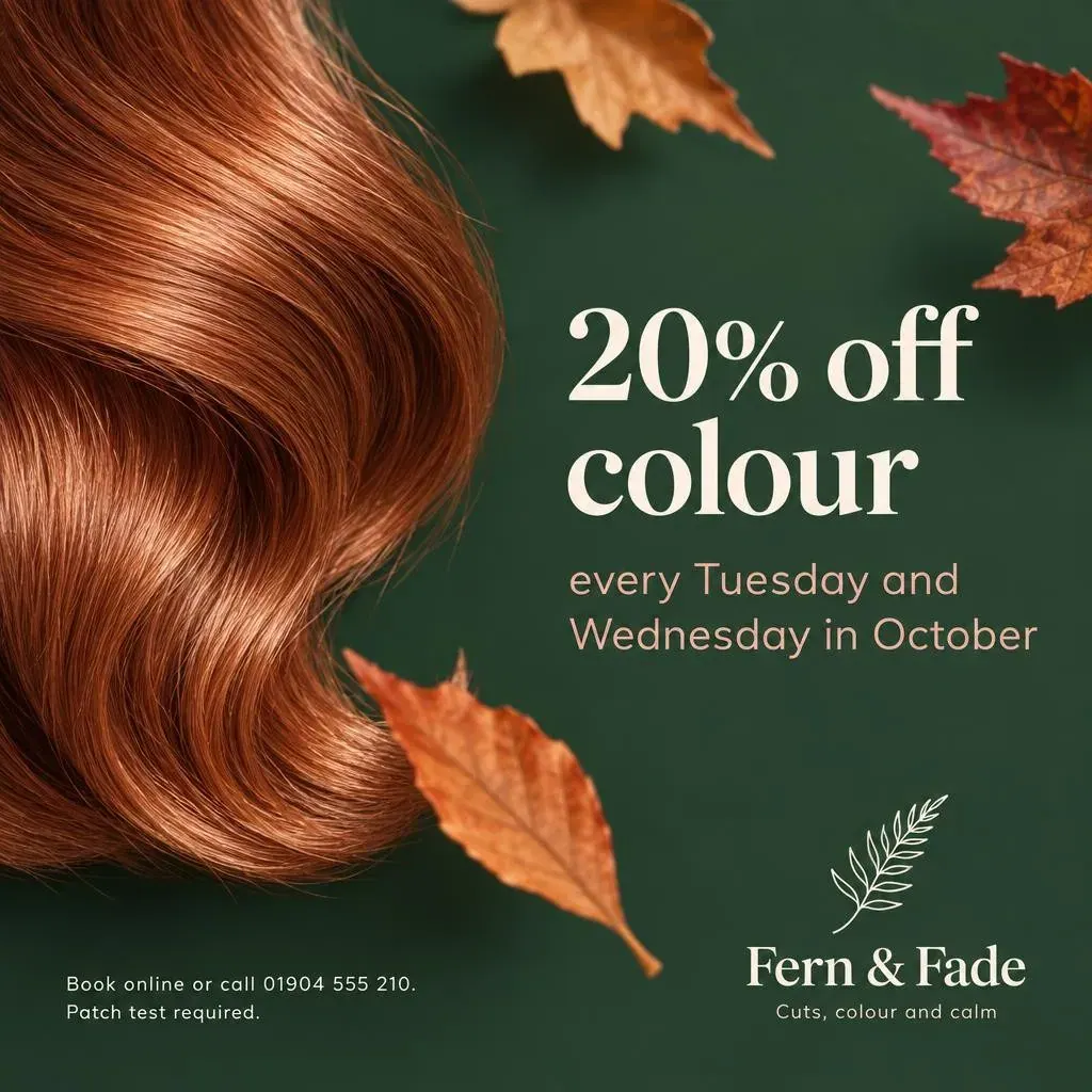 A 20% off colour offer card for Tuesdays and Wednesdays in October, with a glossy copper hair swatch and autumn leaves