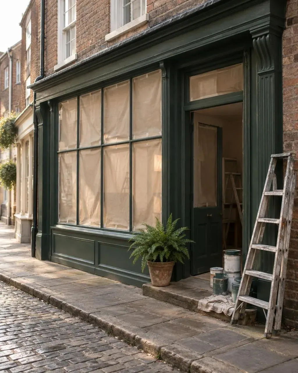 A brick shopfront is being painted dark green, with windows covered in paper, a ladder by the door, paint cans on the step, and a potted fern outside.