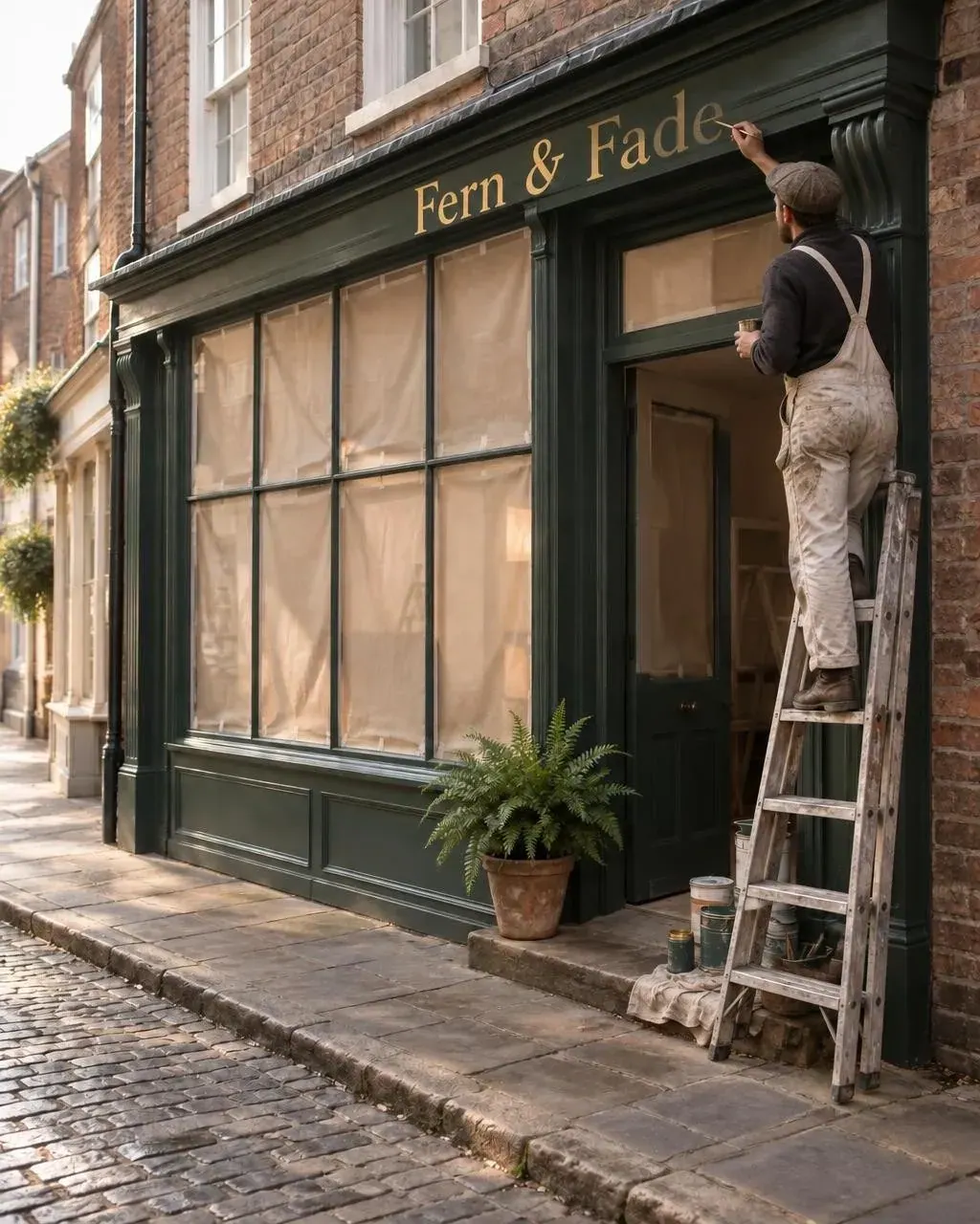 A painter on a ladder is lettering the sign “Fern & Fade” on a dark green storefront with taped-over windows and a potted fern by the door.