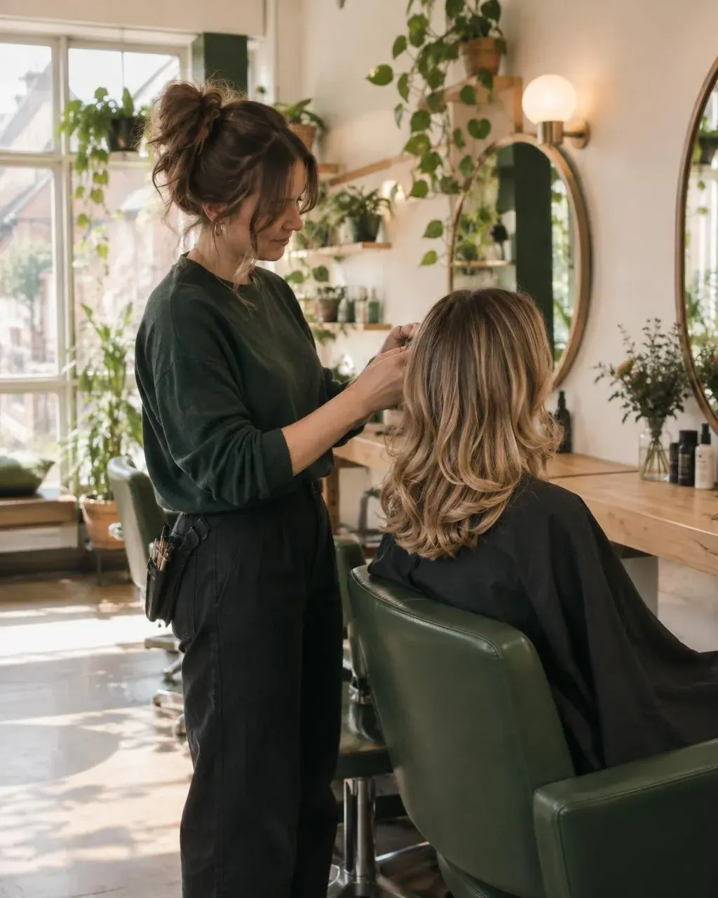 A stylist stands beside a seated client in a bright, plant-filled salon, working on her blonde shoulder-length hair near a mirror and wooden counter.
