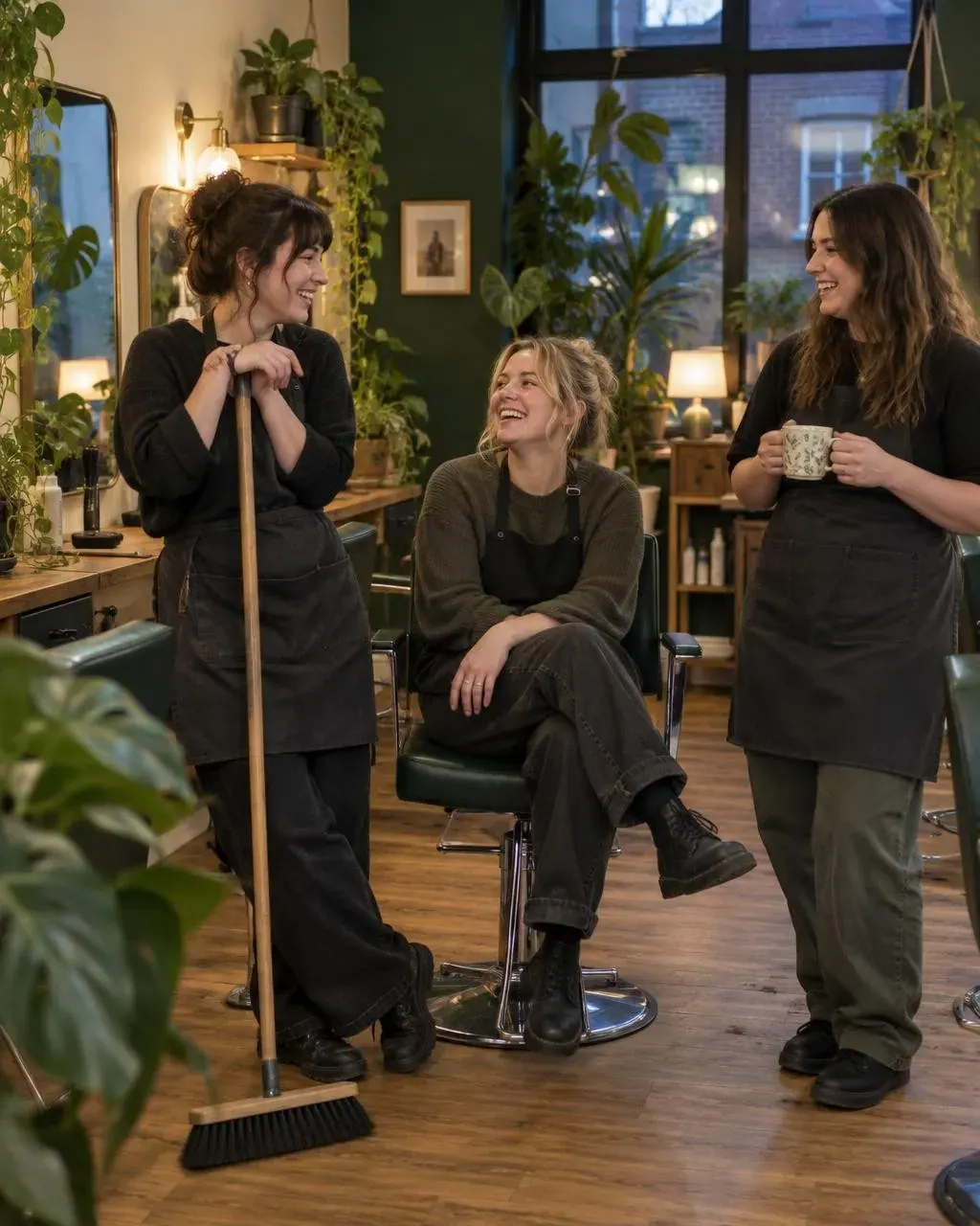 Three women in a cozy, plant-filled salon chat and laugh; one sits in a styling chair while the others stand beside her, one holding a mug and one leaning on a broom.