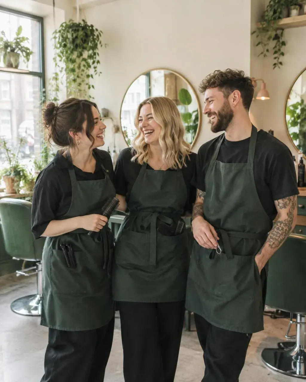 Three smiling salon coworkers in dark aprons stand together chatting in a bright, plant-filled hair salon.