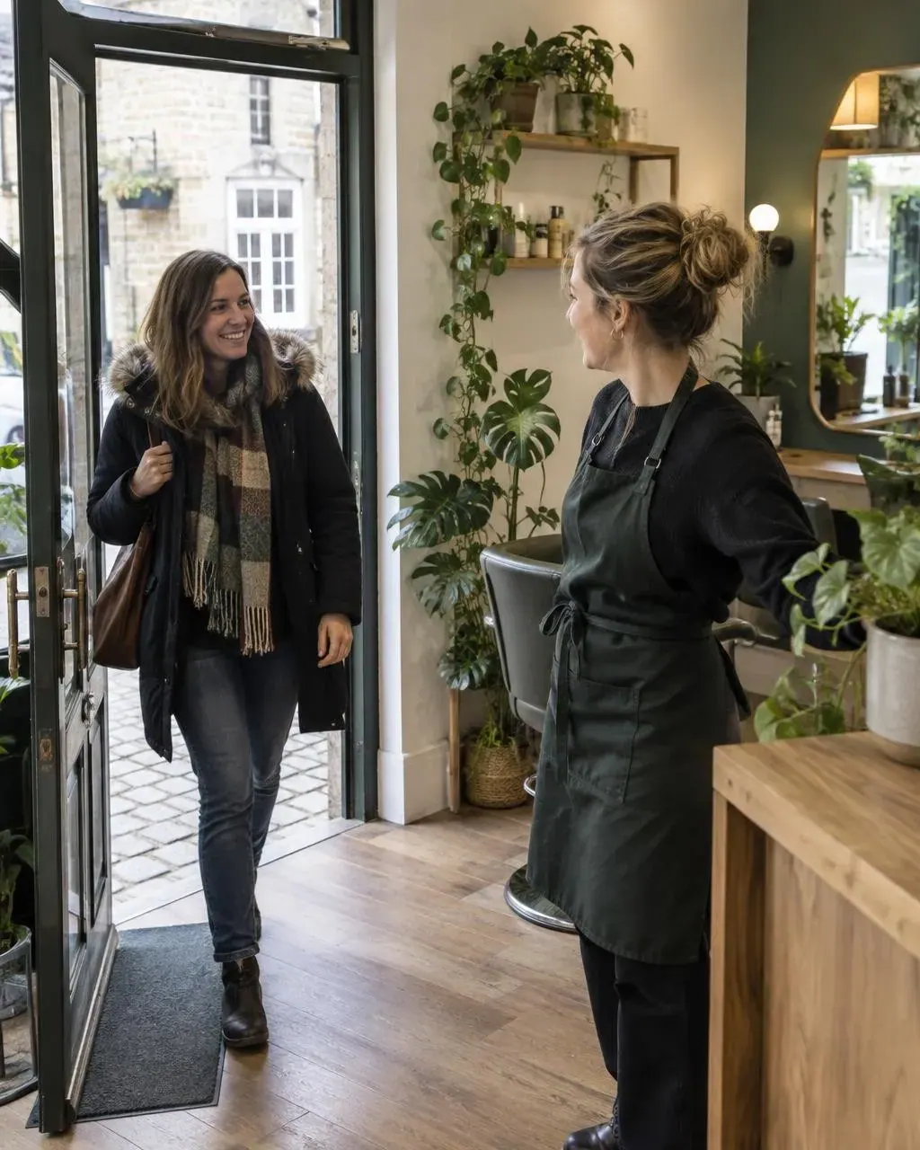 A woman walks into a plant-filled salon or shop, smiling at a staff member in an apron who turns to greet her by the open door.